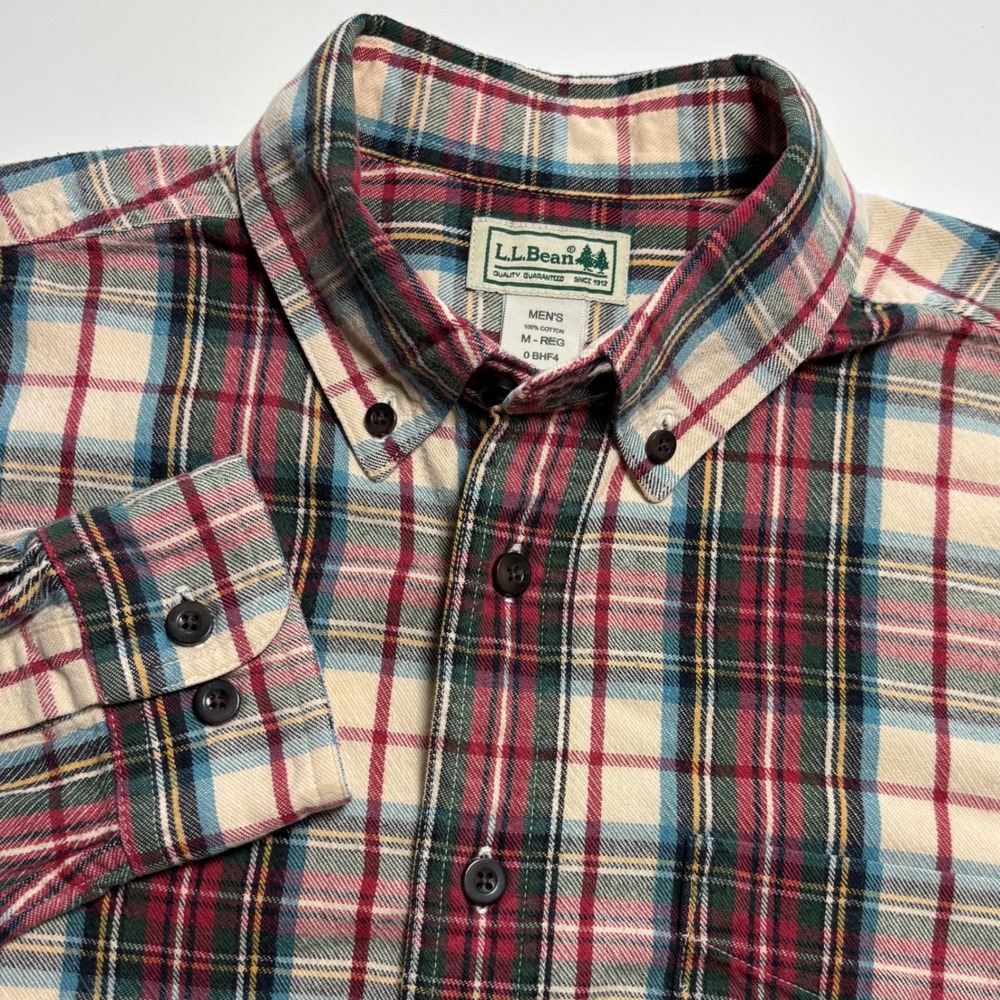 LL Bean Flannel Plaid Mens M Tan Red Long Sleeve Button Down Rustic Shirt
